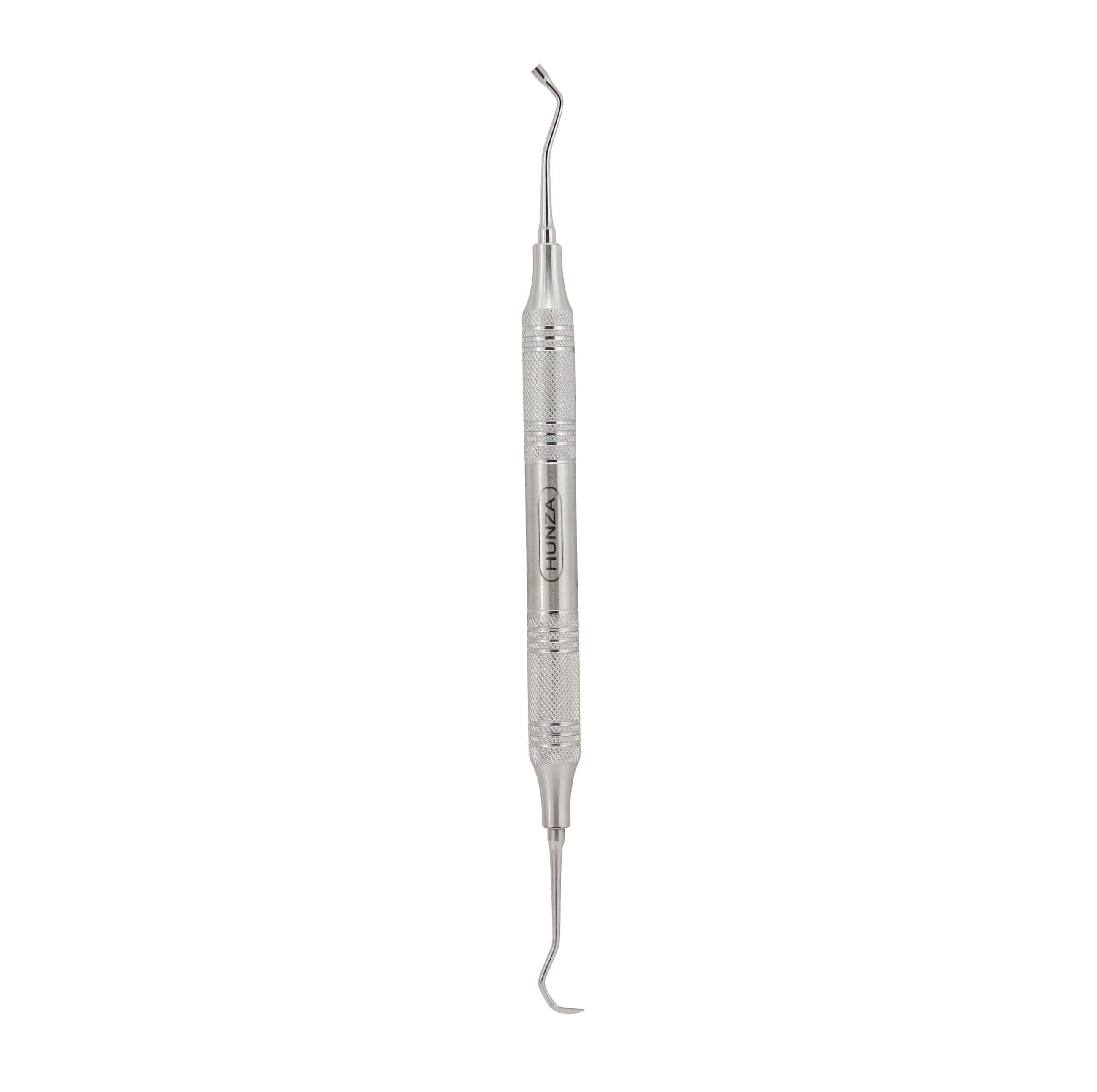 A stainless steel ligature remover, also known as a band pusher, used in dentistry.