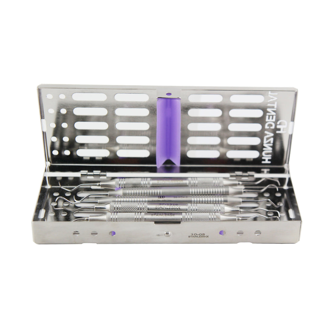 A dental instrument set within an open metal case, including various scalers and curettes.