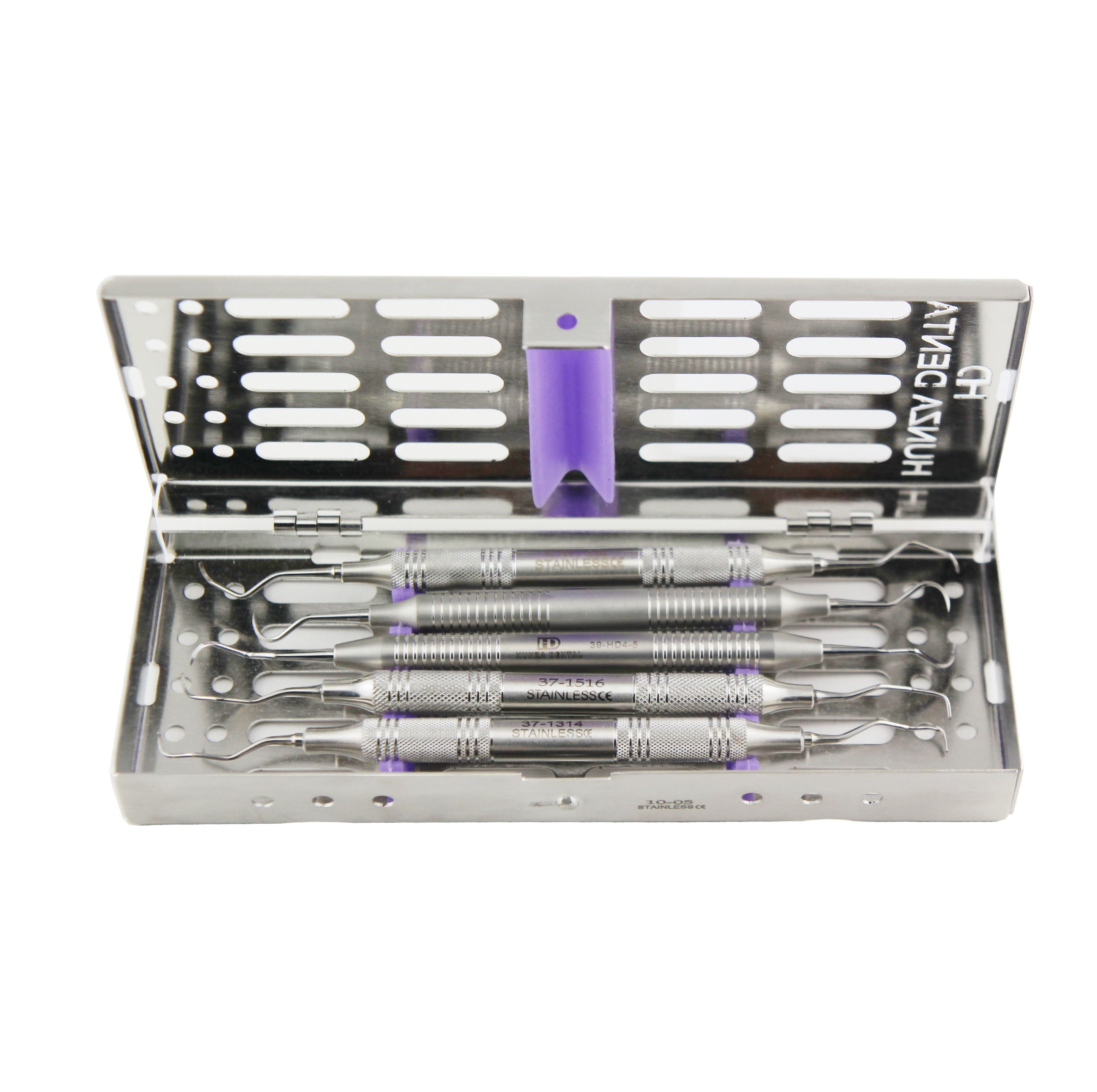 Set of Five scalers and curettes in a stainless steel cassette