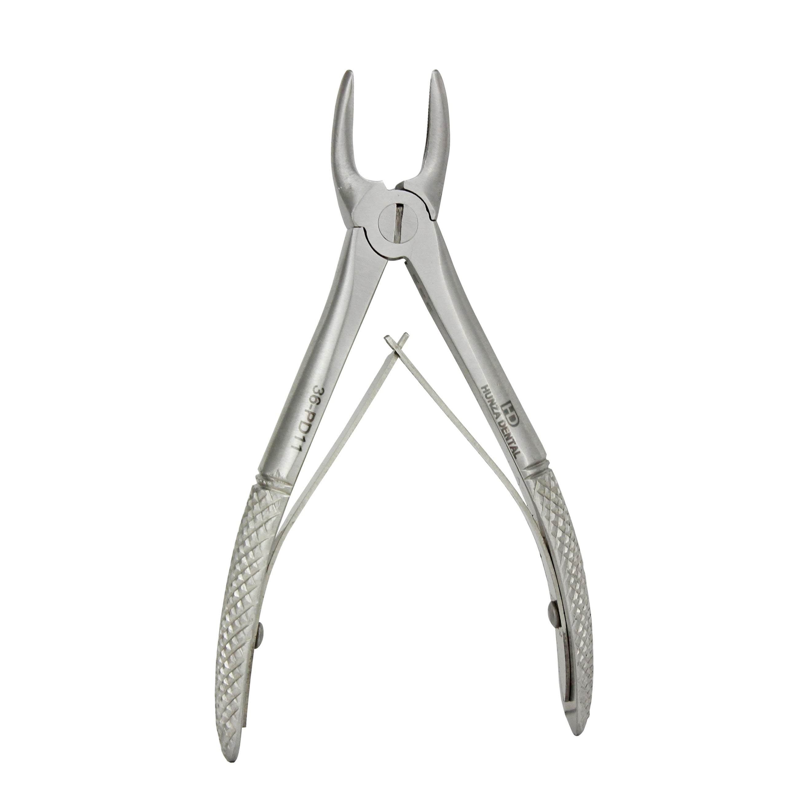 A pair of silver-colored pediatric extraction forceps made of surgical stainless steel.
