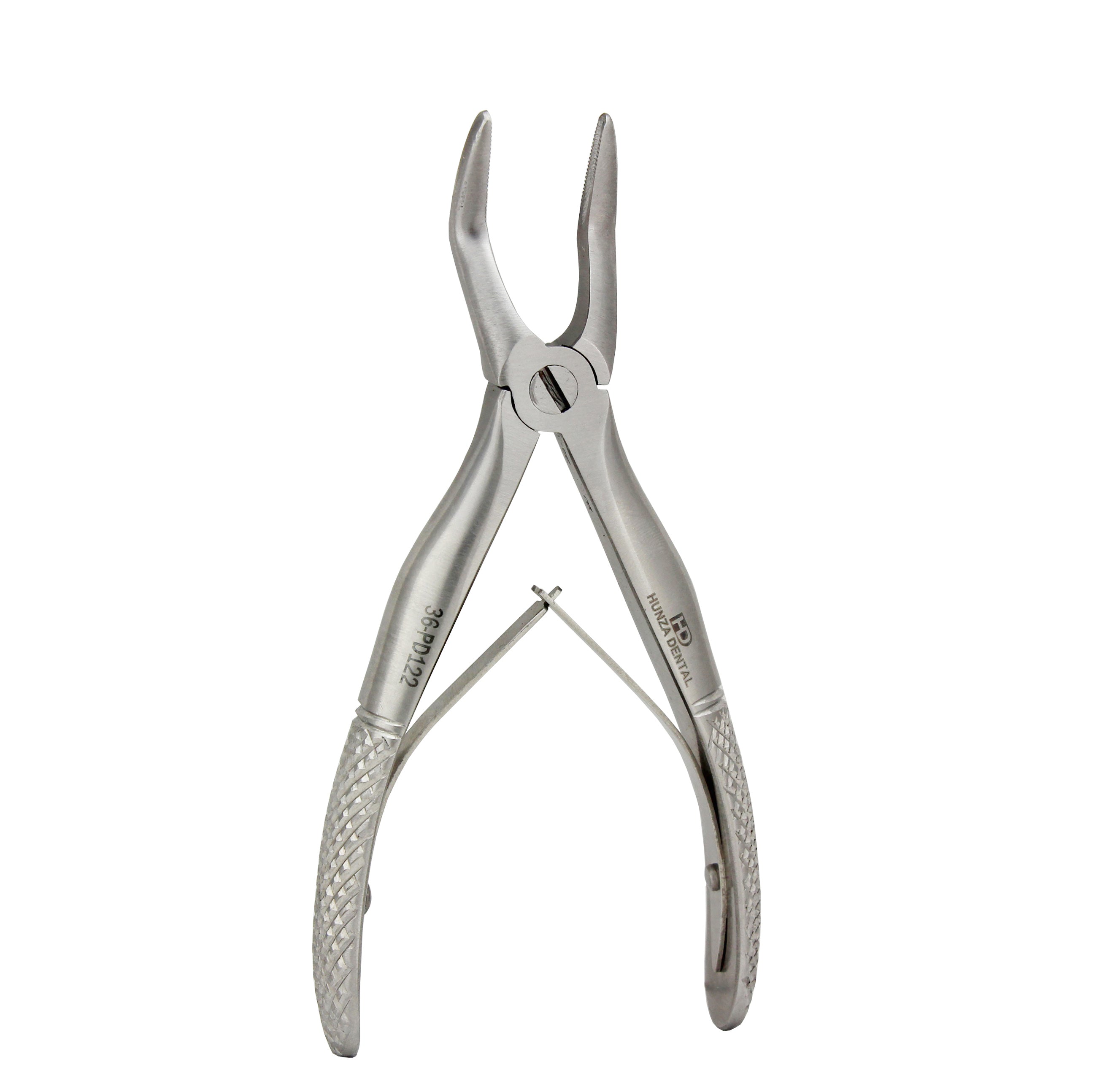 A pair of silver-colored stainless steel dental extraction forceps with a curved tip and textured grip.