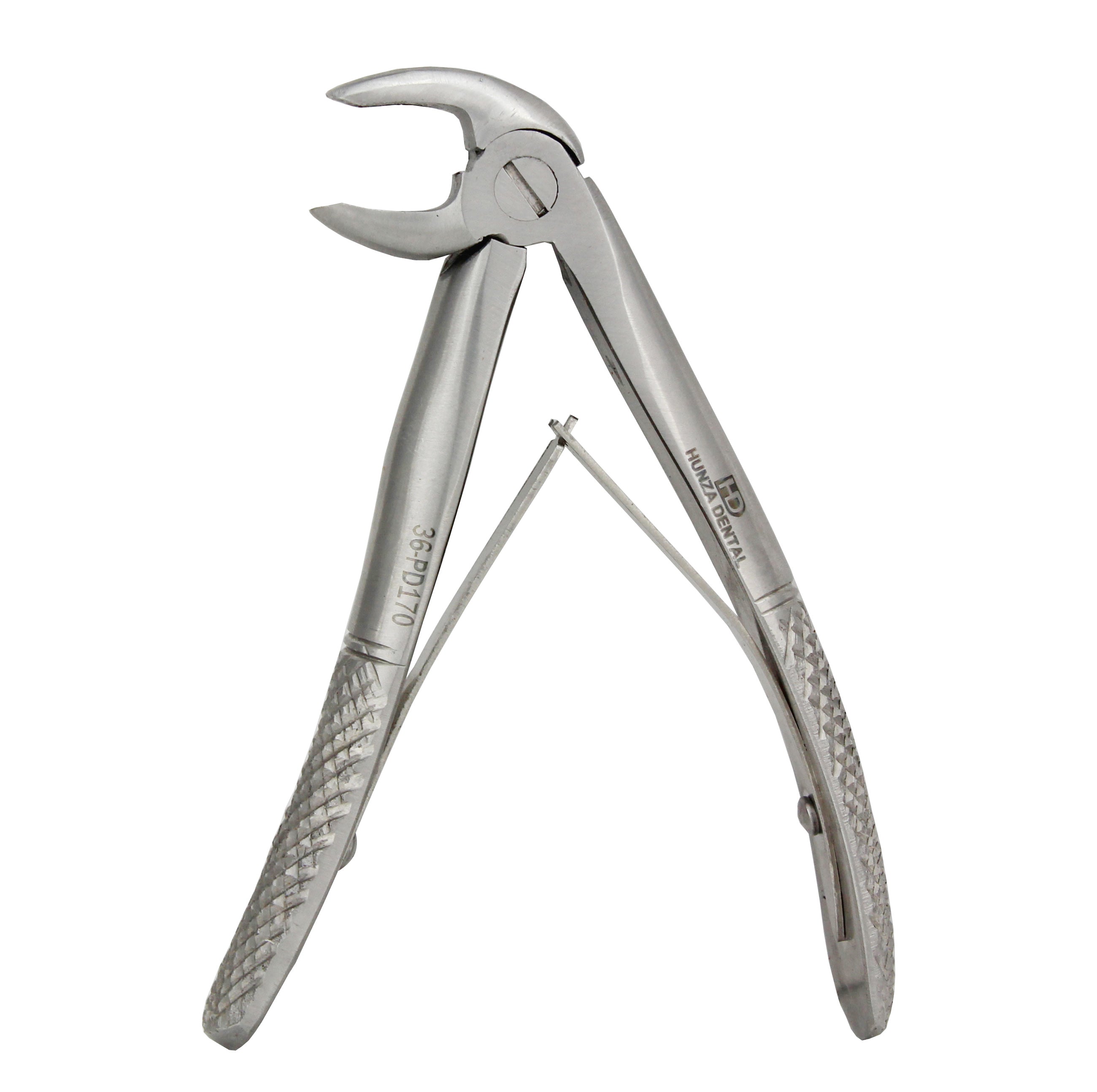 A pair of silver-colored pediatric extraction forceps made of surgical stainless steel.