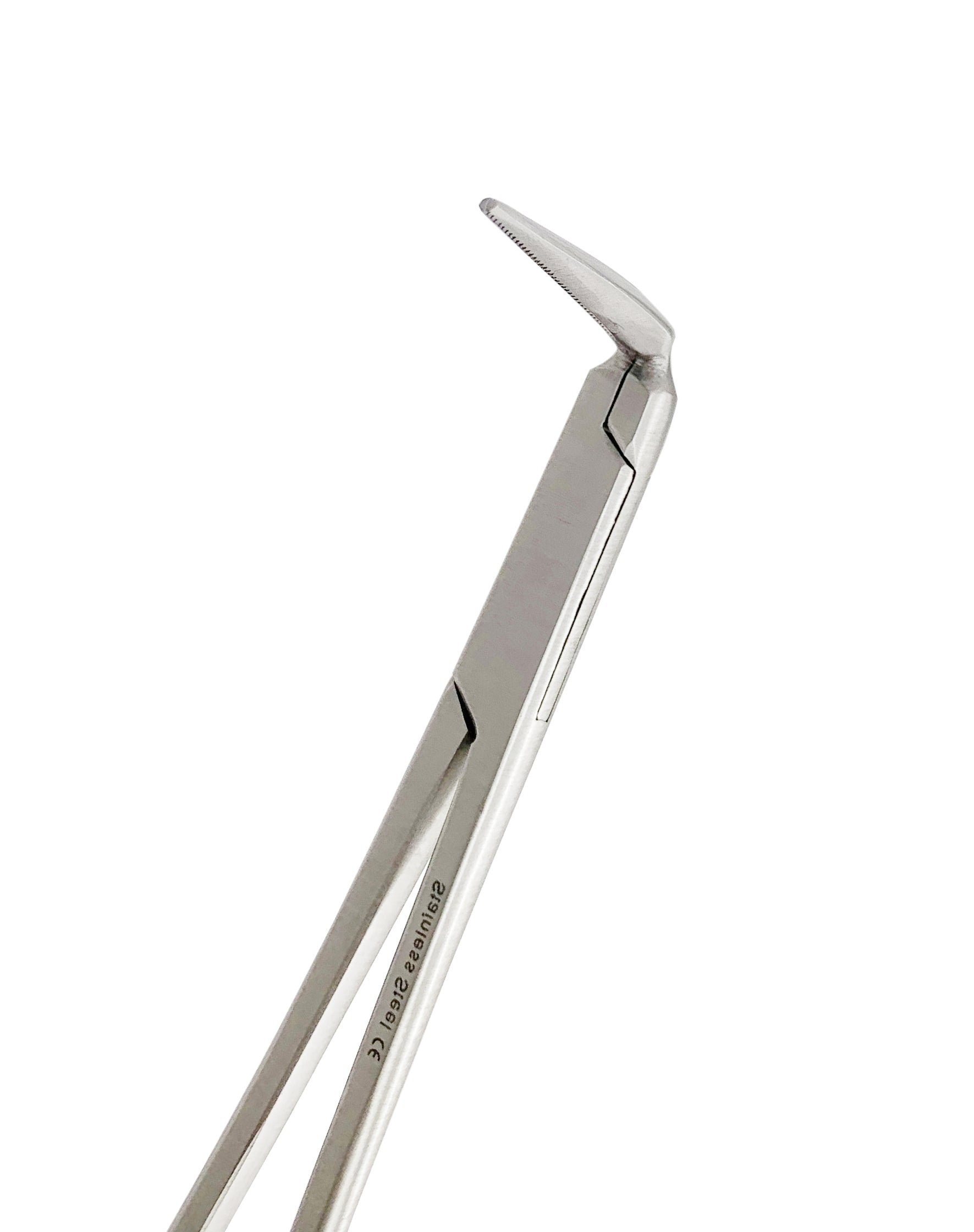 A silver-colored dental fragment forceps with angled 90-degree bending, made of stainless steel, against a white background.