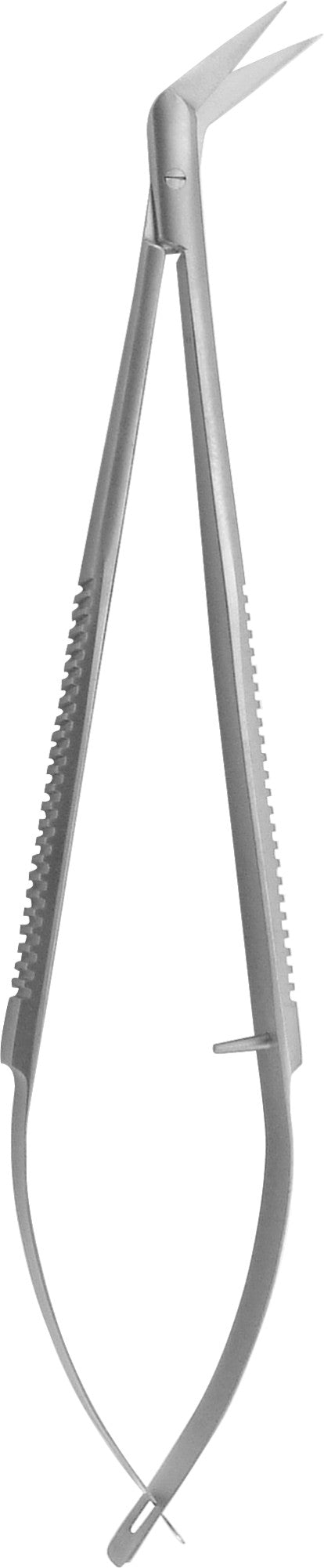 Castroviejo micro-surgery scissors 4.75 inches long with a curved blade.