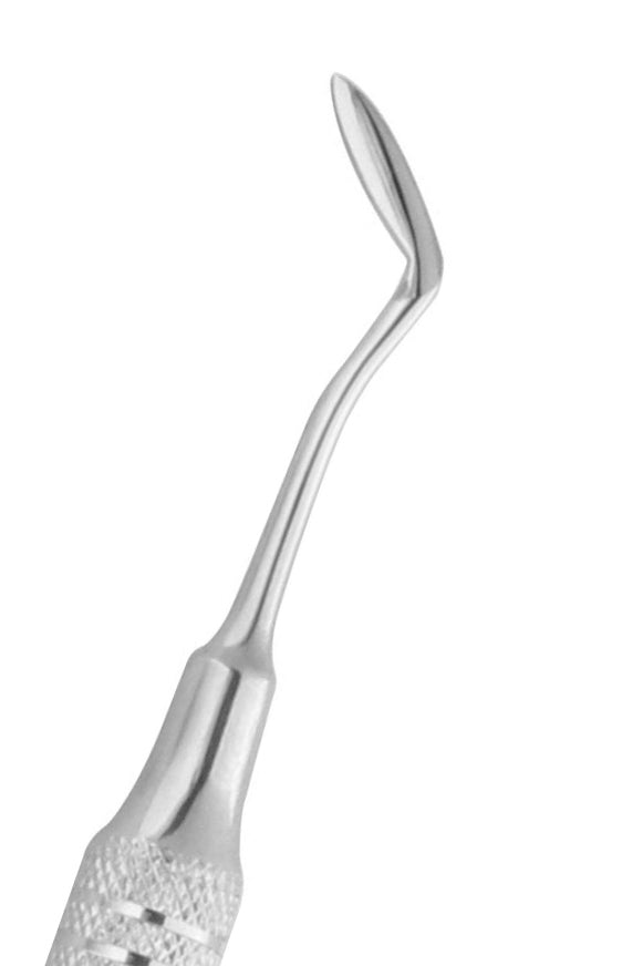 A stainless steel dental carver with a curved end.