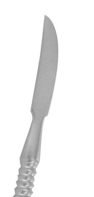 A single-edged wax and porcelain carver made of surgical stainless steel with a white handle.