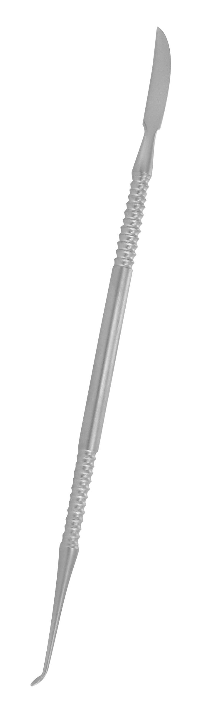 A stainless steel dental wax and porcelain carver with a pointed tip.