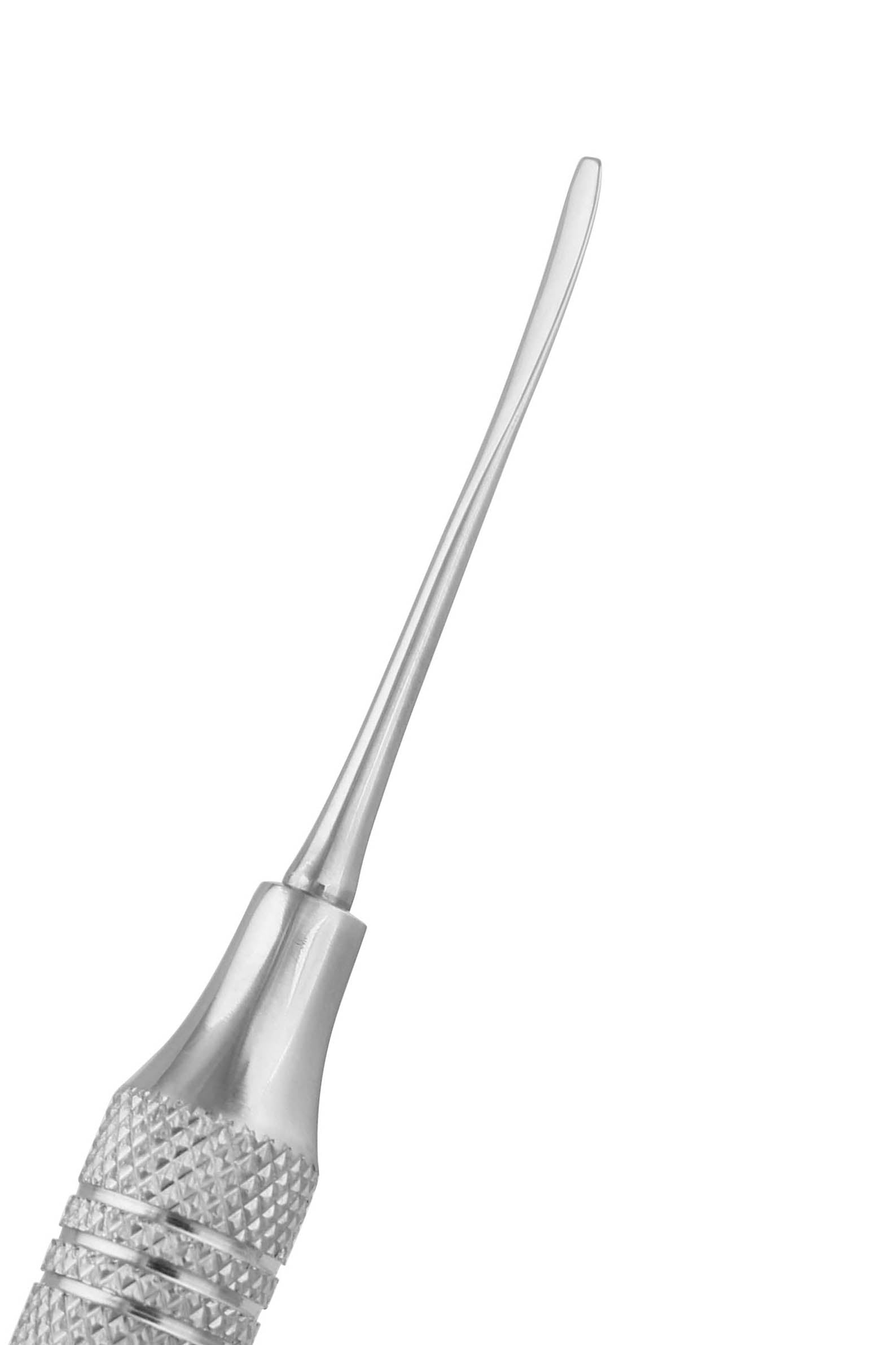 A close-up image of a stainless steel periosteal elevator dental tool with a textured grip.