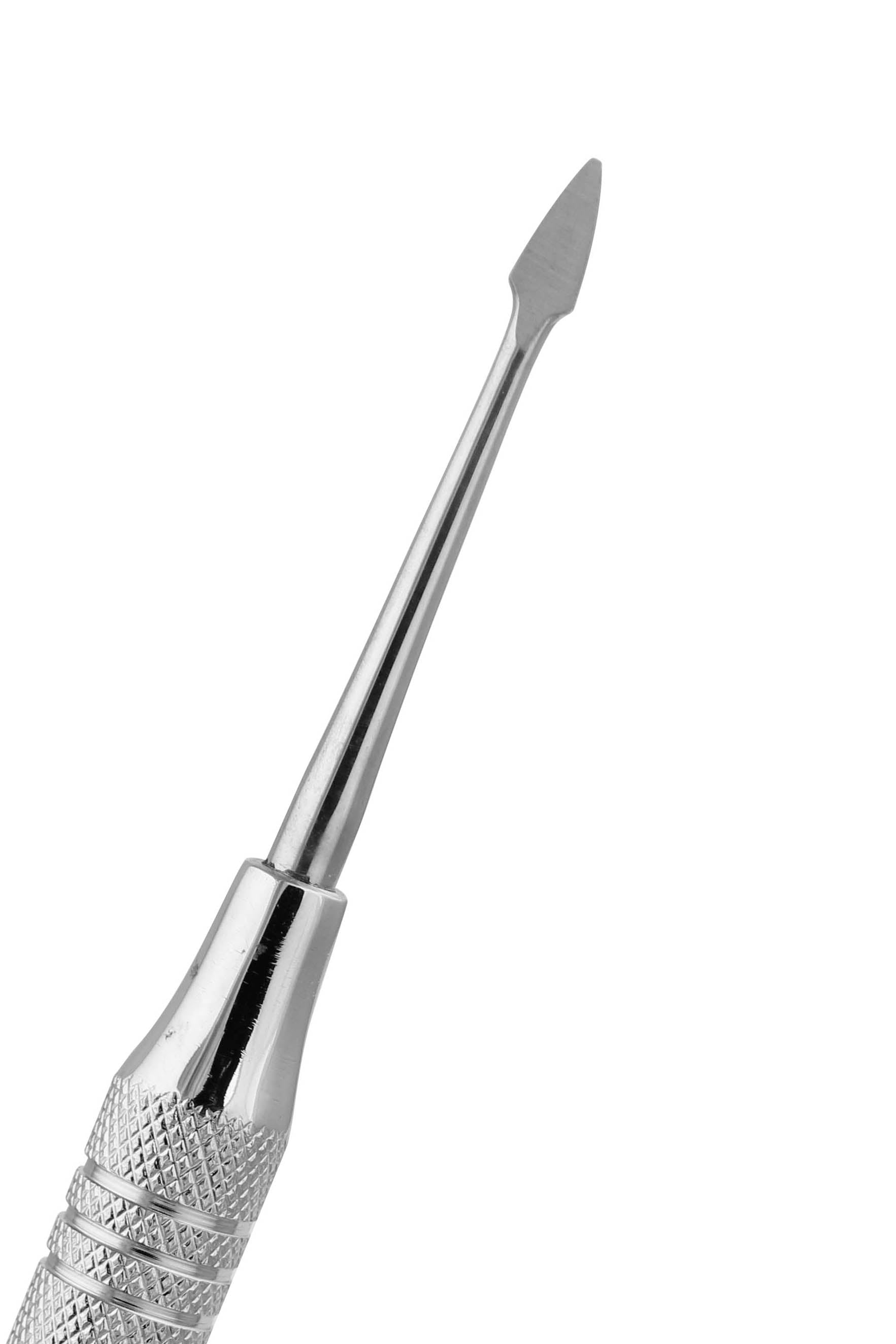 A stainless steel periosteal elevator dental tool with a pointed tip and textured handle.