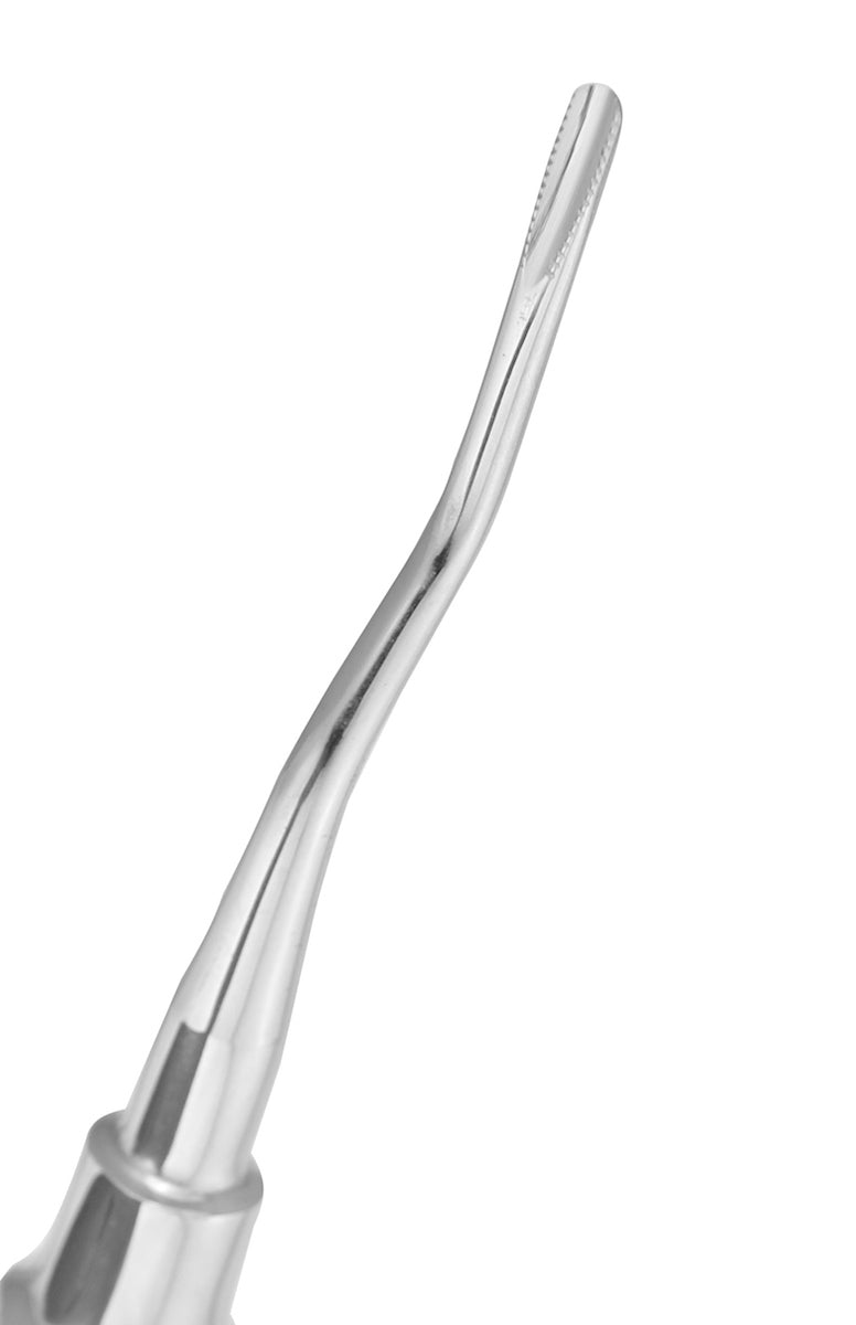 A close-up image of a curved surgical stainless steel elevator with a large lightweight handle.