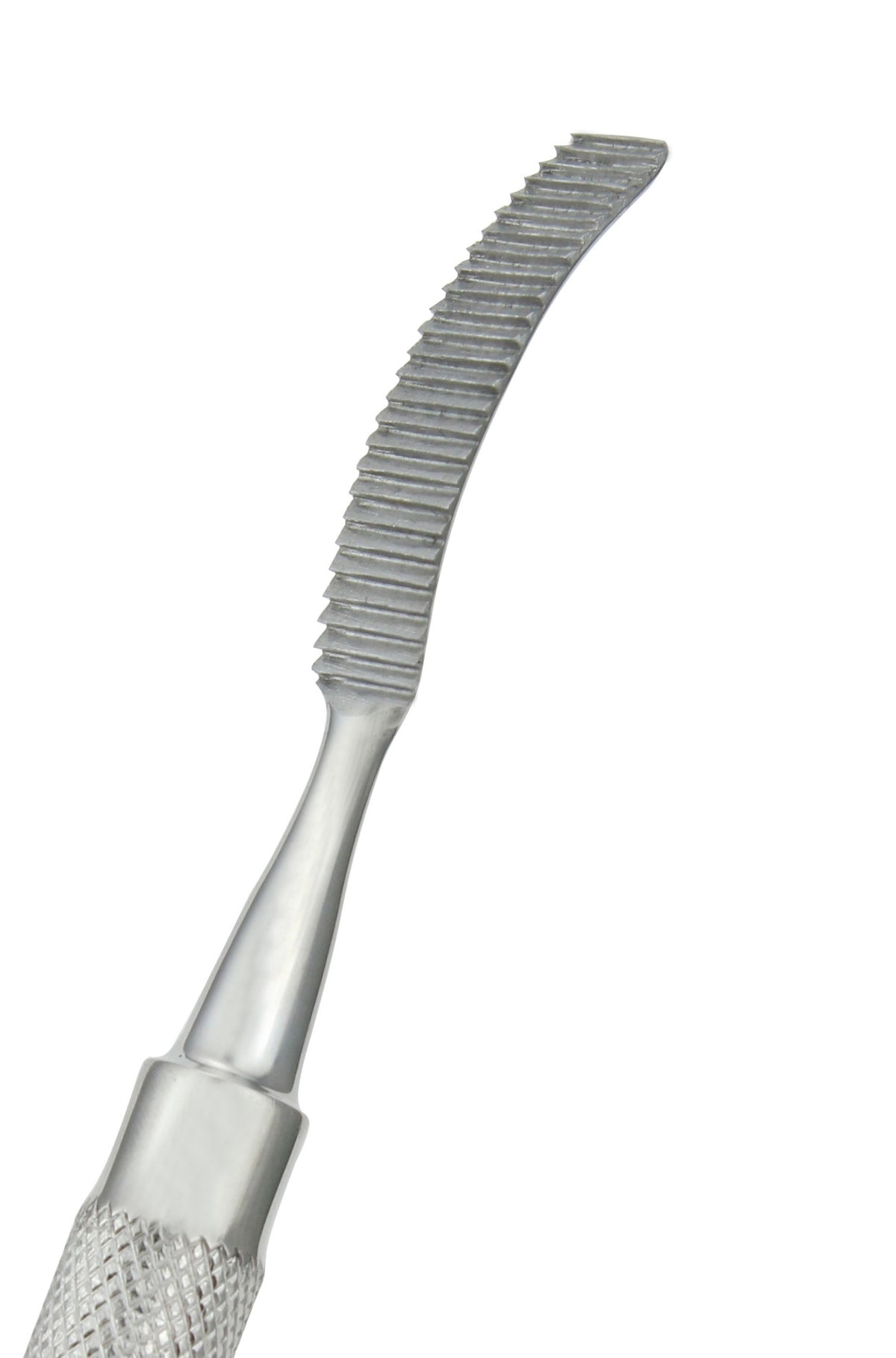 A stainless steel bone file with a pointed tip and serrated surface.