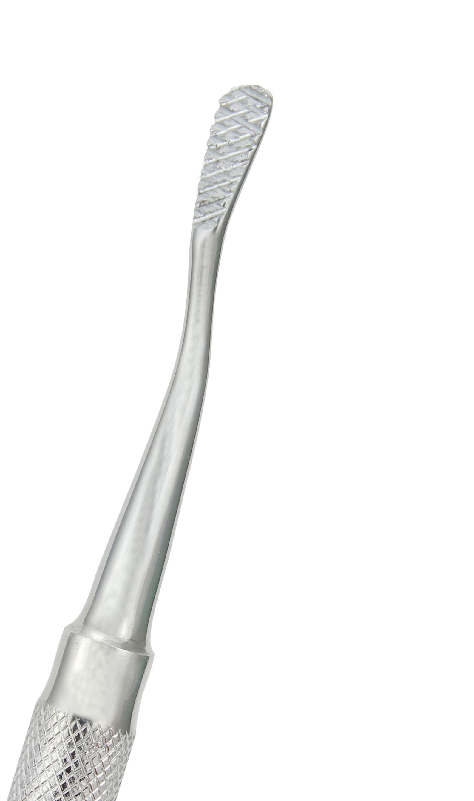 A bone file with cross-hatch serrations, made of surgical stainless steel.