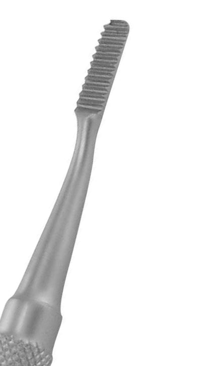 A stainless steel bone file with a long handle and a round, abrasive surface on the end.
