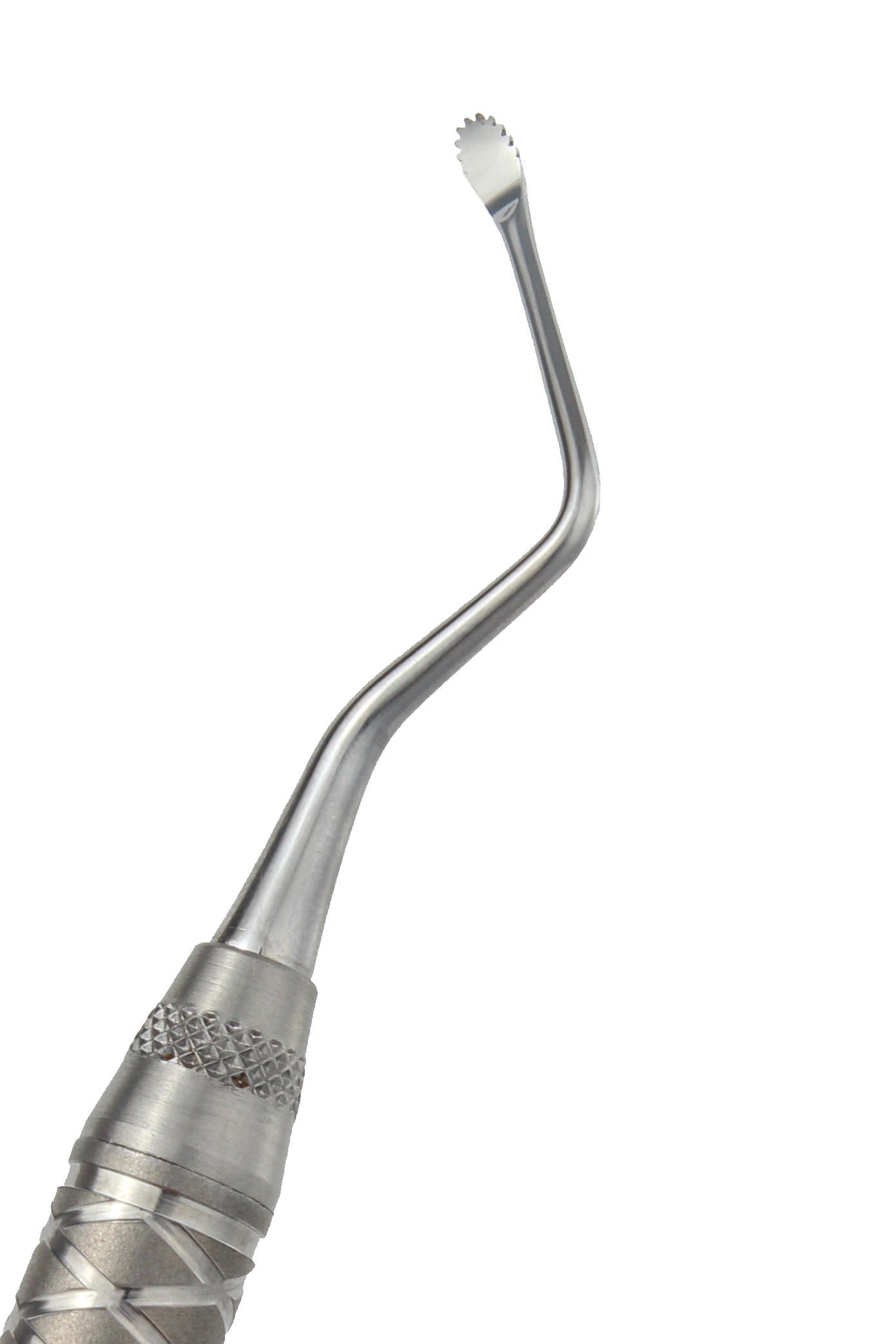 A serrated dental curette made of stainless steel with a spoon-shaped end.