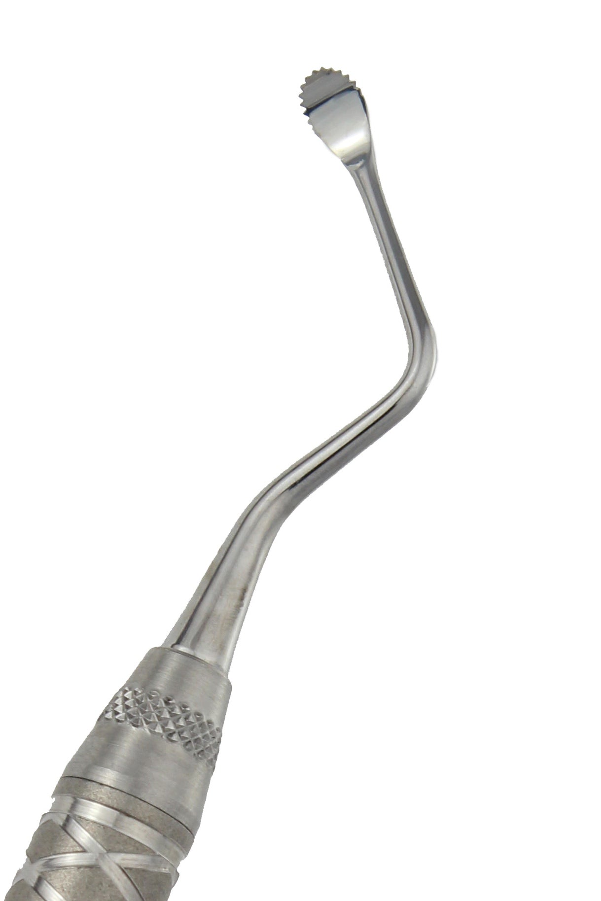 A stainless steel dental curette with a serrated spoon design.