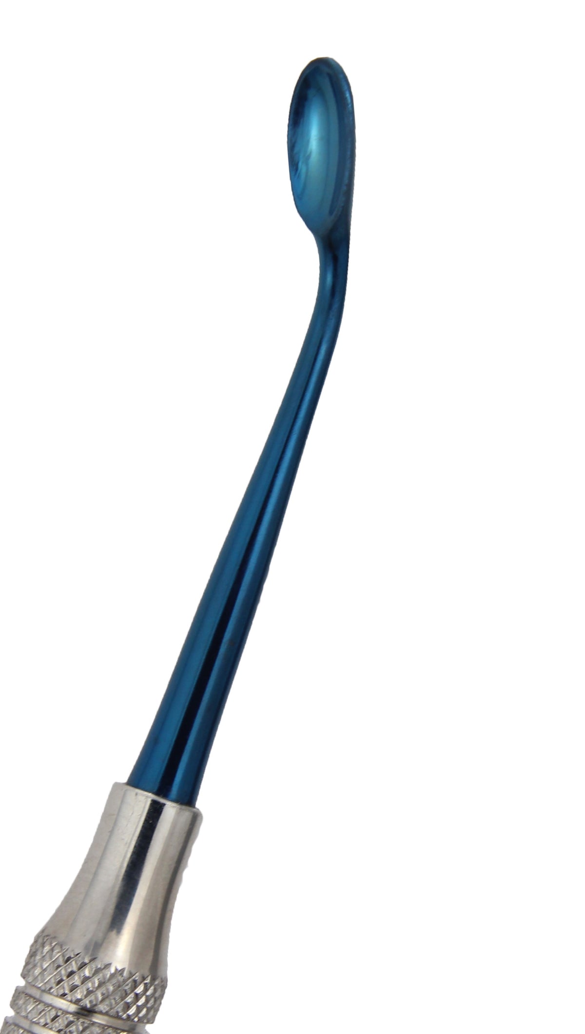 A medical instrument, likely a bone graft carrier or packer, with a blue handle and a silver titanium coated tip.