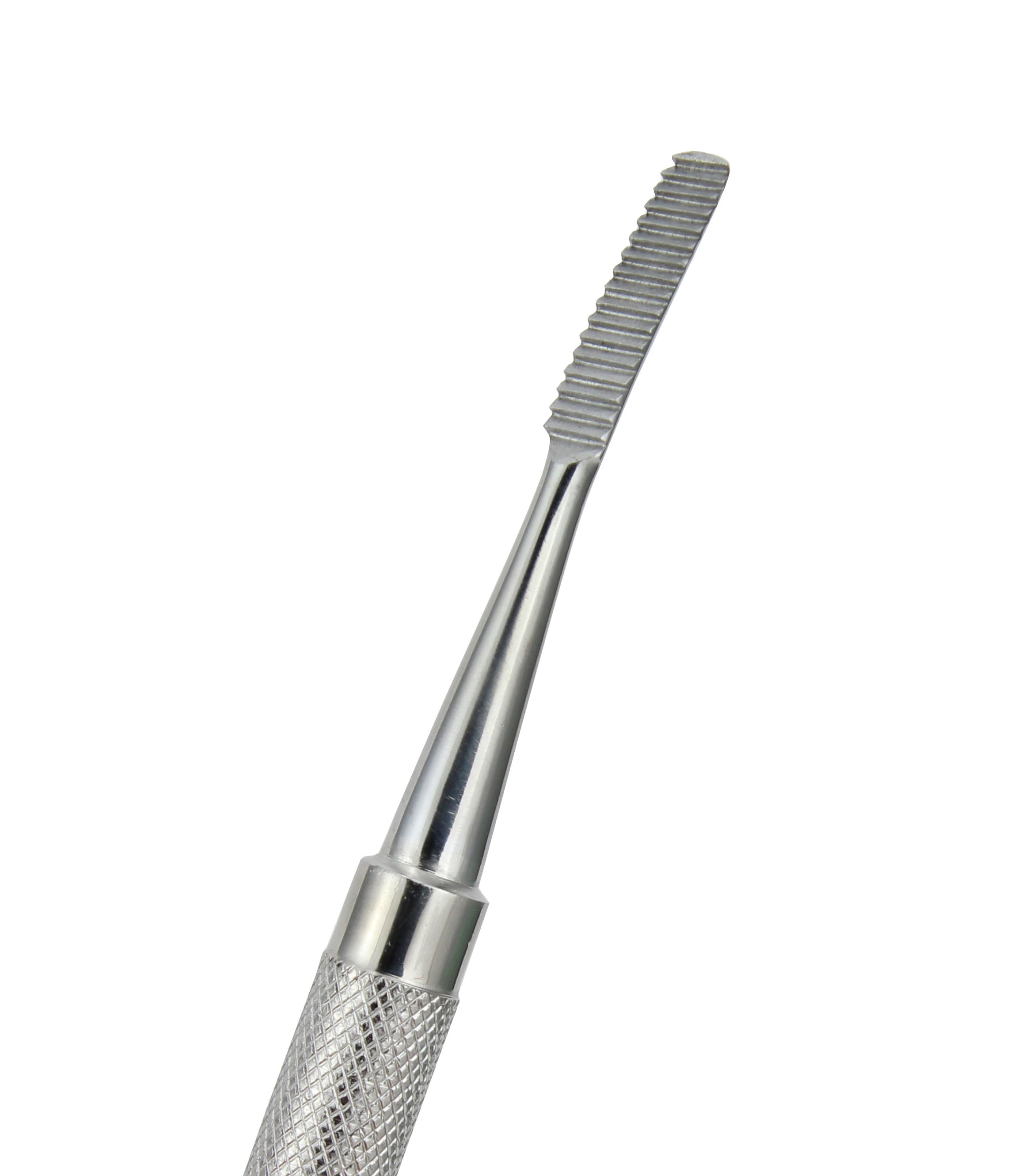 A stainless steel bone file with a textured surface and a pointed tip.