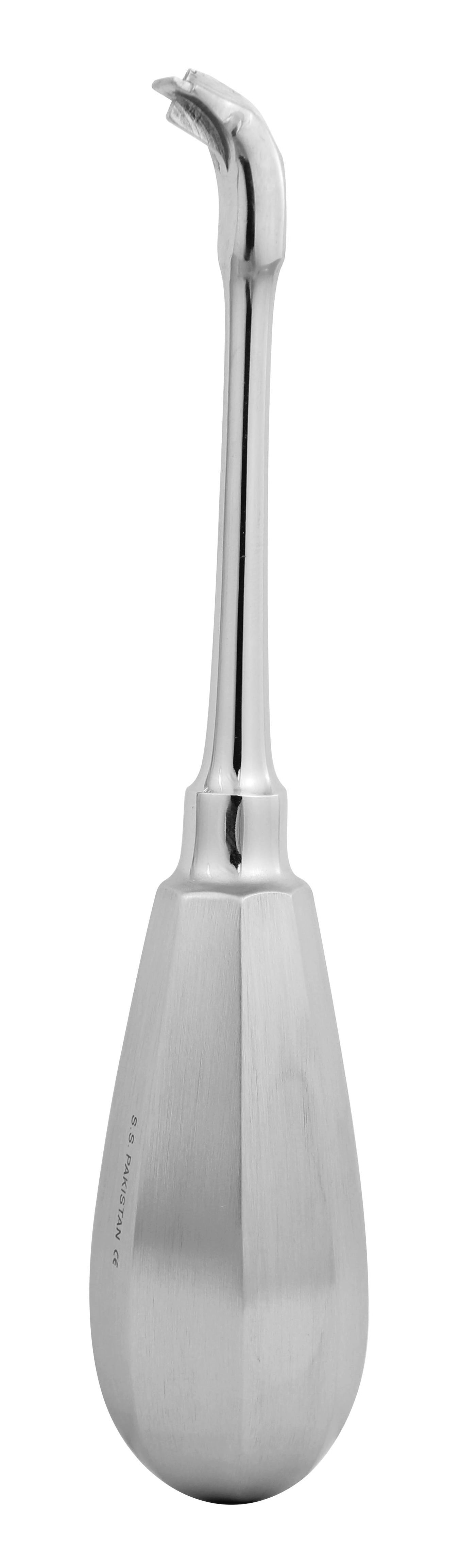 A stainless steel crown splitter with a pointed tip and an elongated handle.