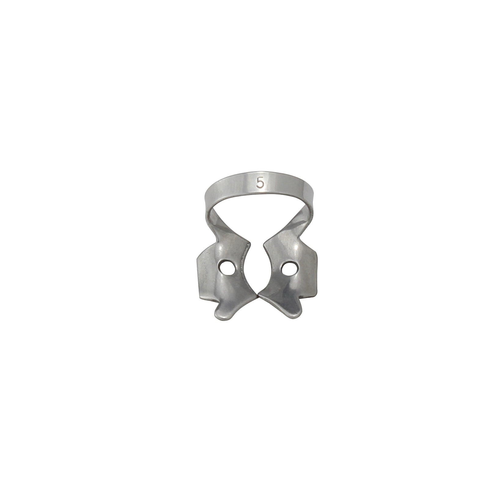 A silver-colored dental clamp, typically used in dental procedures for securing tools.