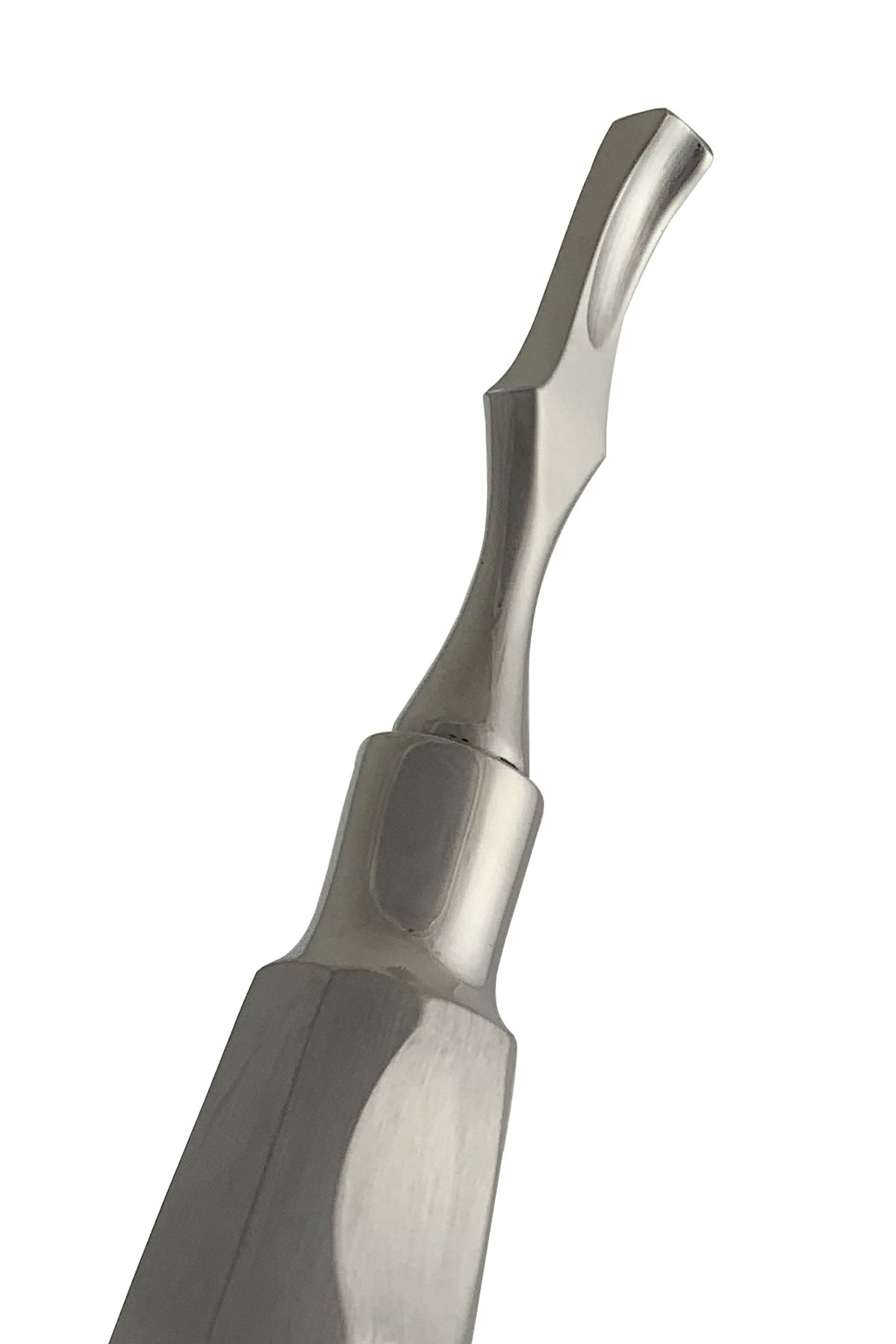 A stainless steel bone scraper with a curved blade-like end and a textured handle.
