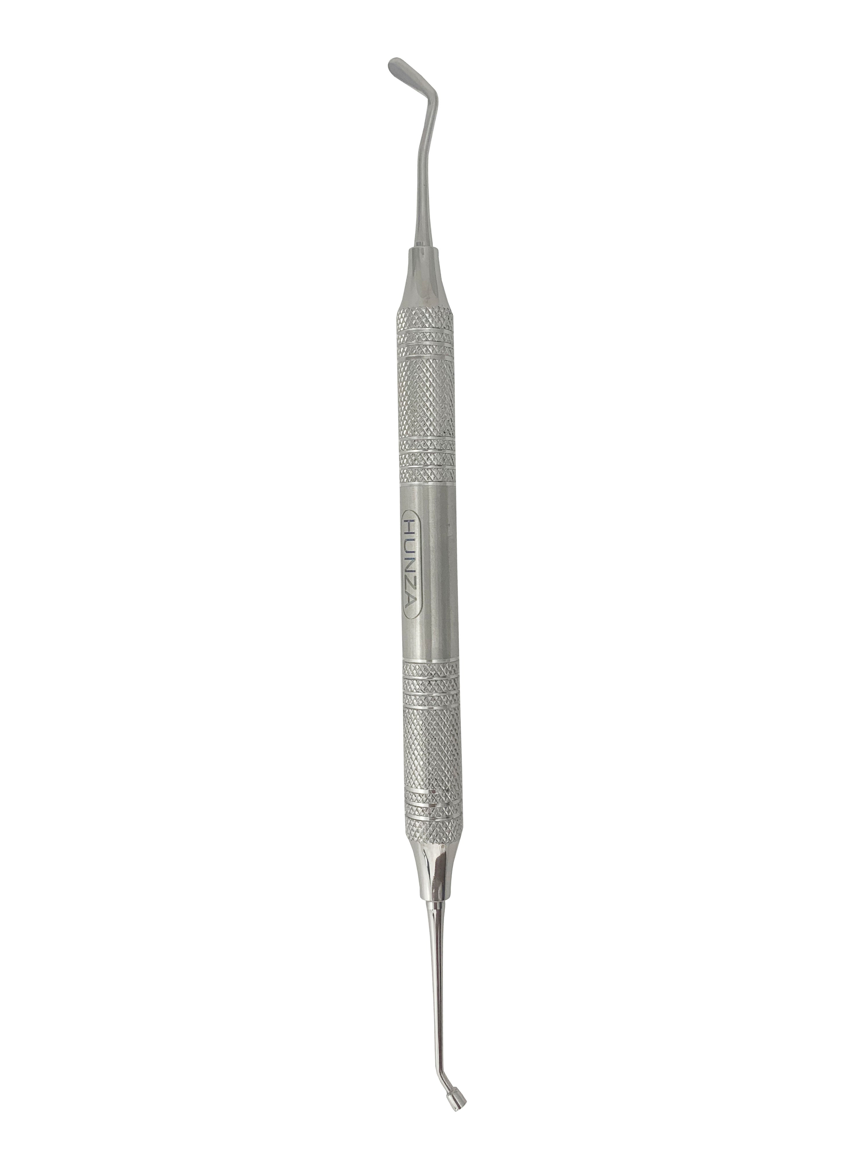 A dental plastic filling instrument with a large diameter handle and a pointed tip.