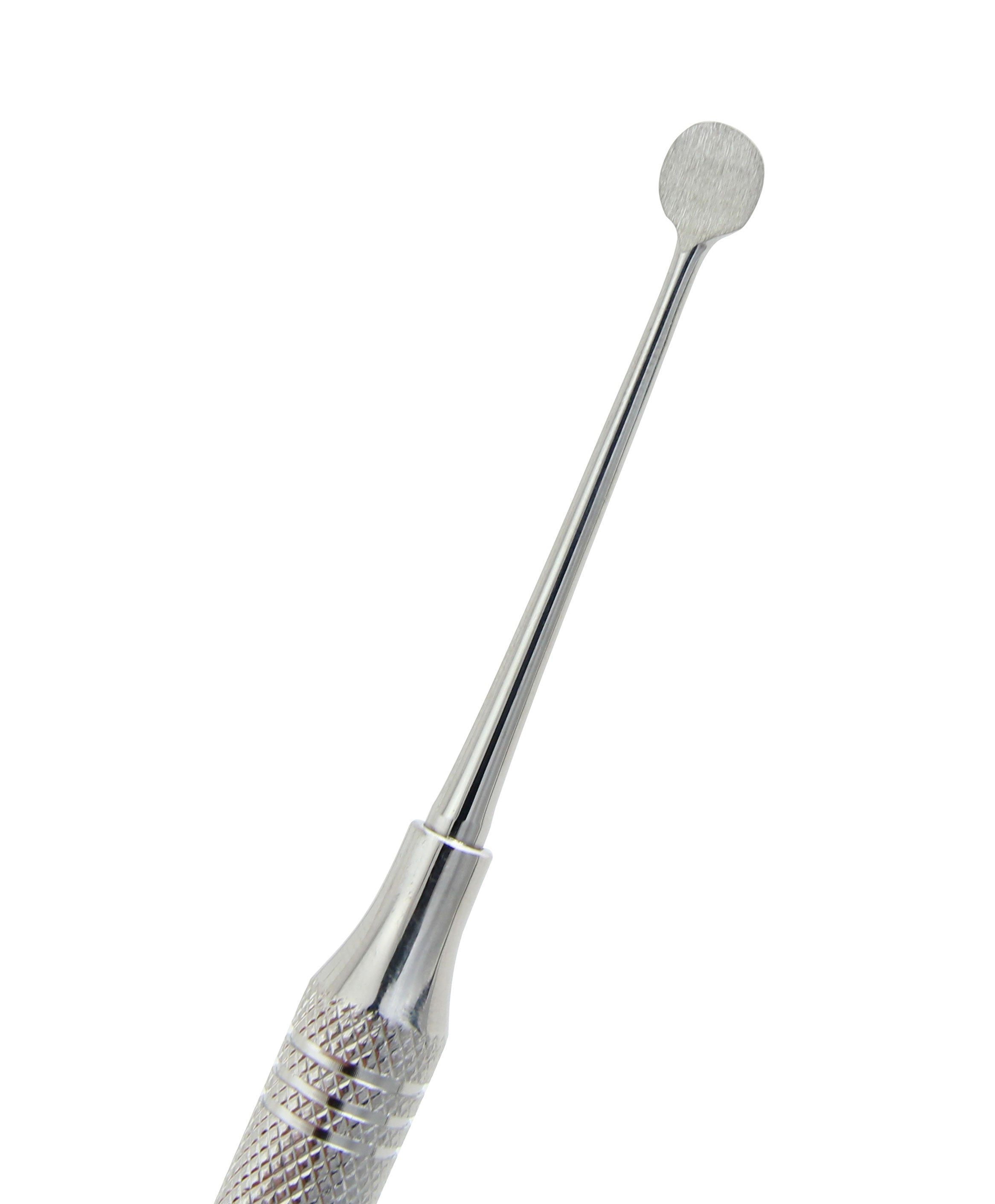 A stainless steel dental curette with an octagonal handle and a fine pointed tip.