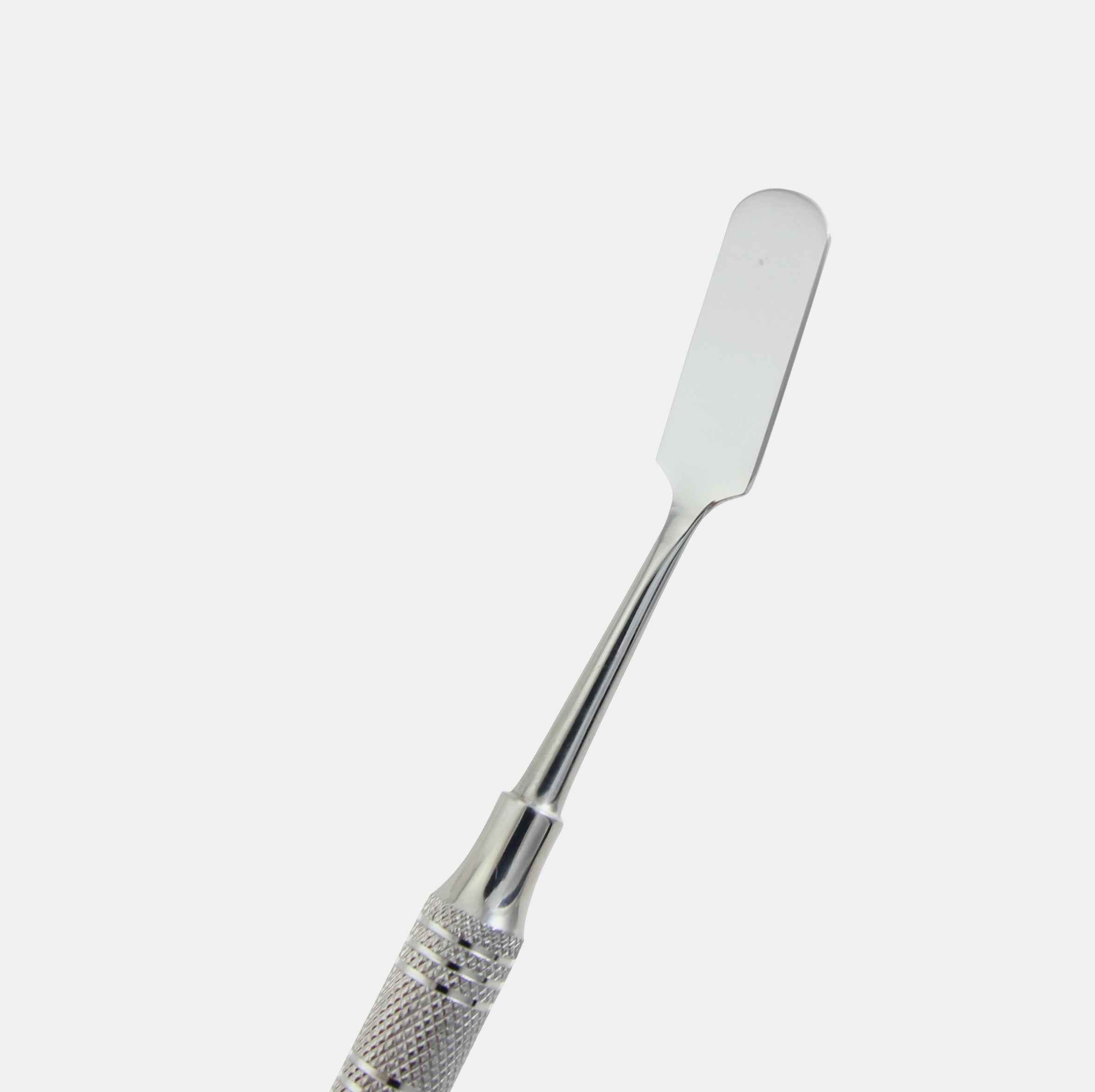 A close-up image of a stainless steel periosteal elevator dental tool with a curved tip.