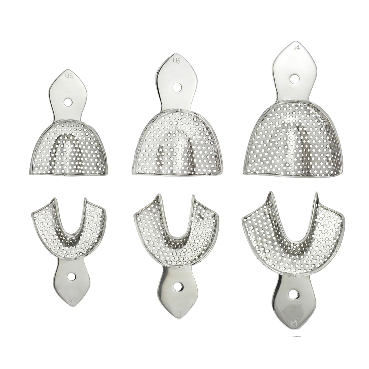 Set of six stainless steel perforated impression trays for taking dental impressions