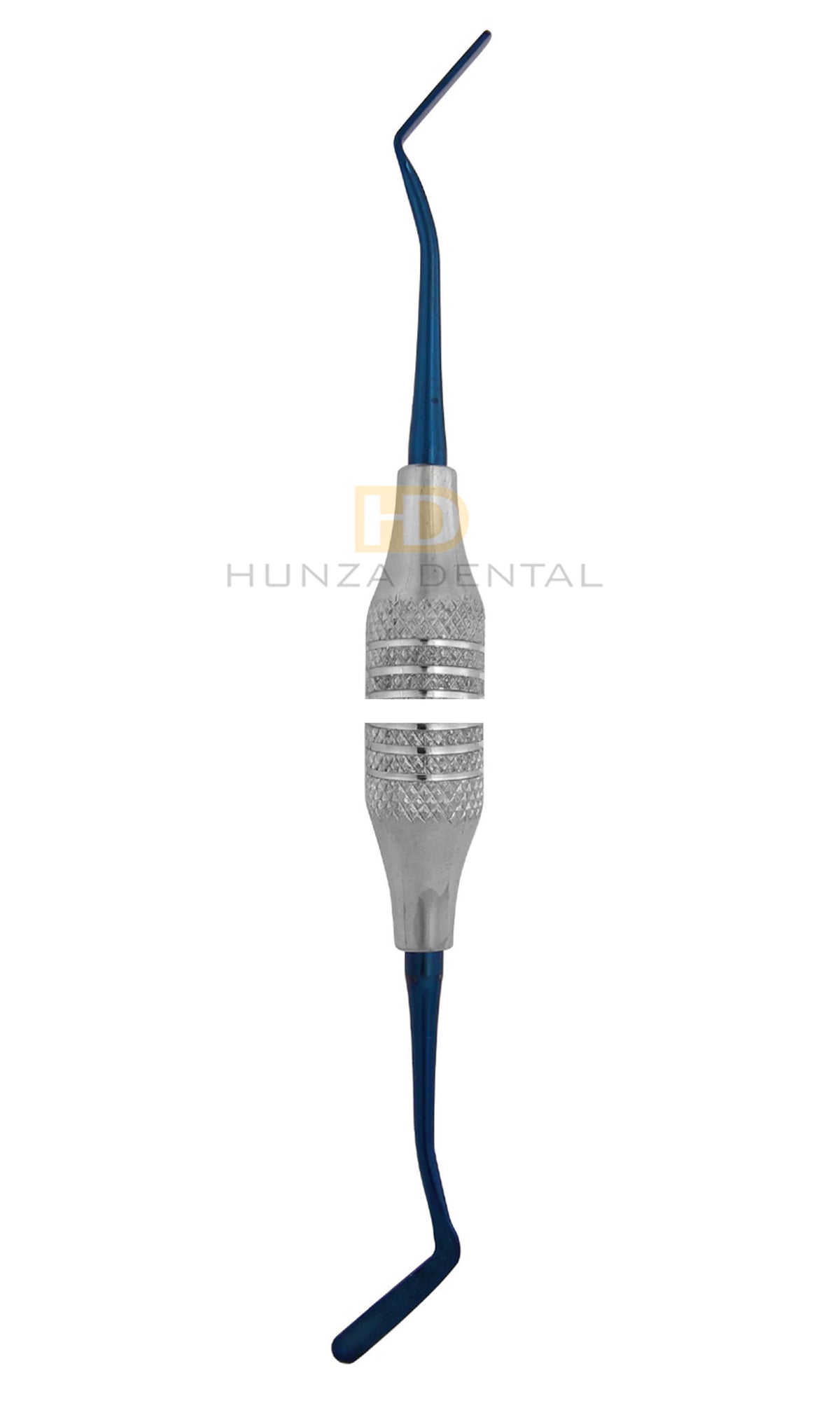 A dental composite instrument with a blue handle and silver body, used for shaping and contouring composites in dentistry.