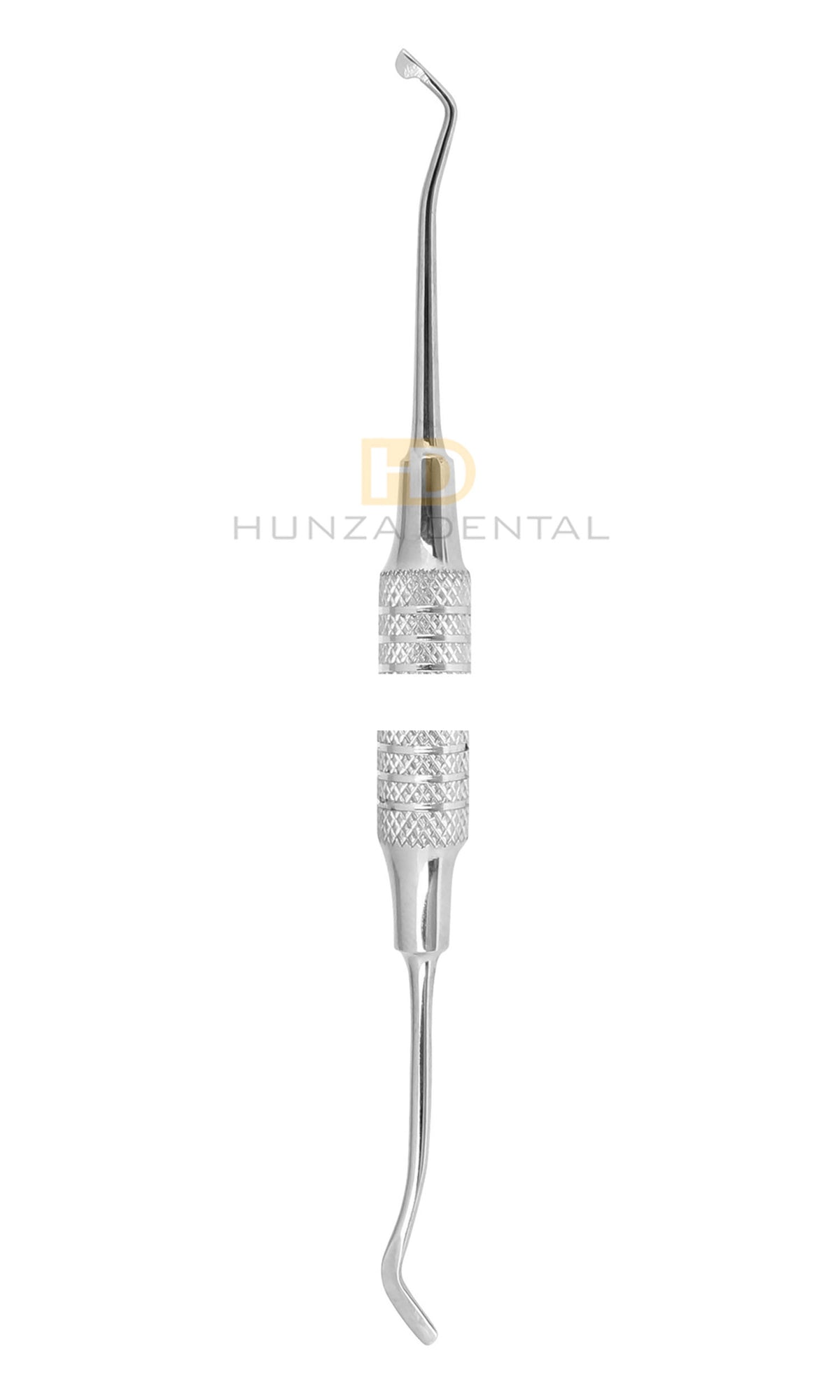 A dental composite instrument, with a metallic finish and a textured handle.