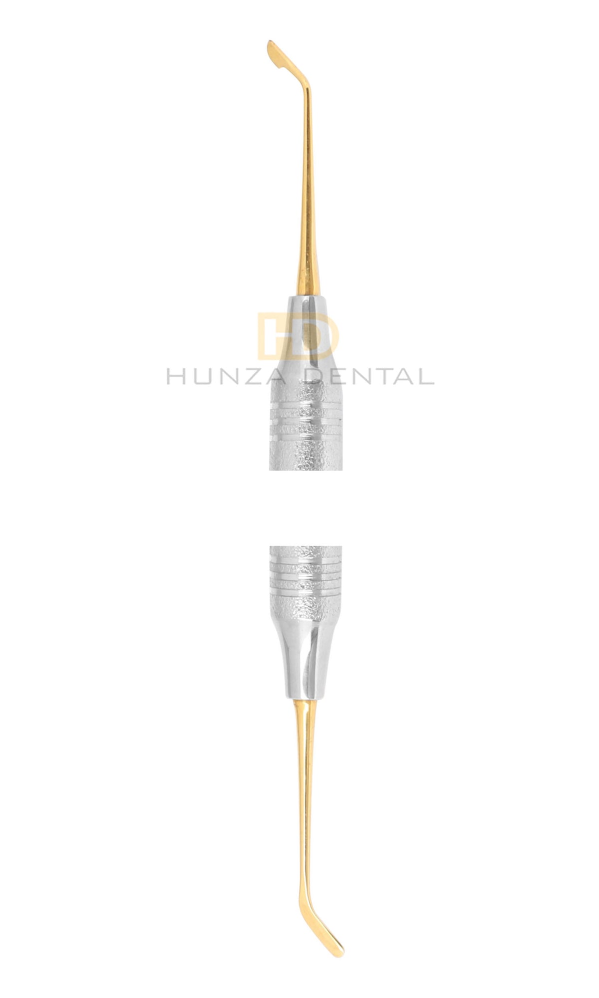 A dental composite instrument, with a gold-colored tip and a silver body, used for placing, sculpting and contouring composites.
