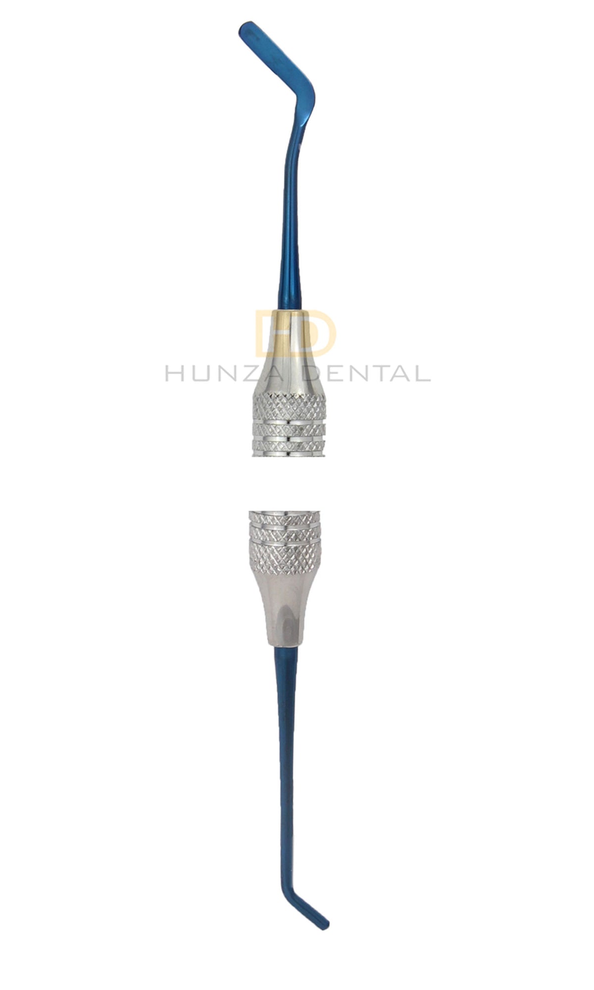 A dental composite instrument with a blue and silver color scheme, used for placing, sculpting and contouring composites.