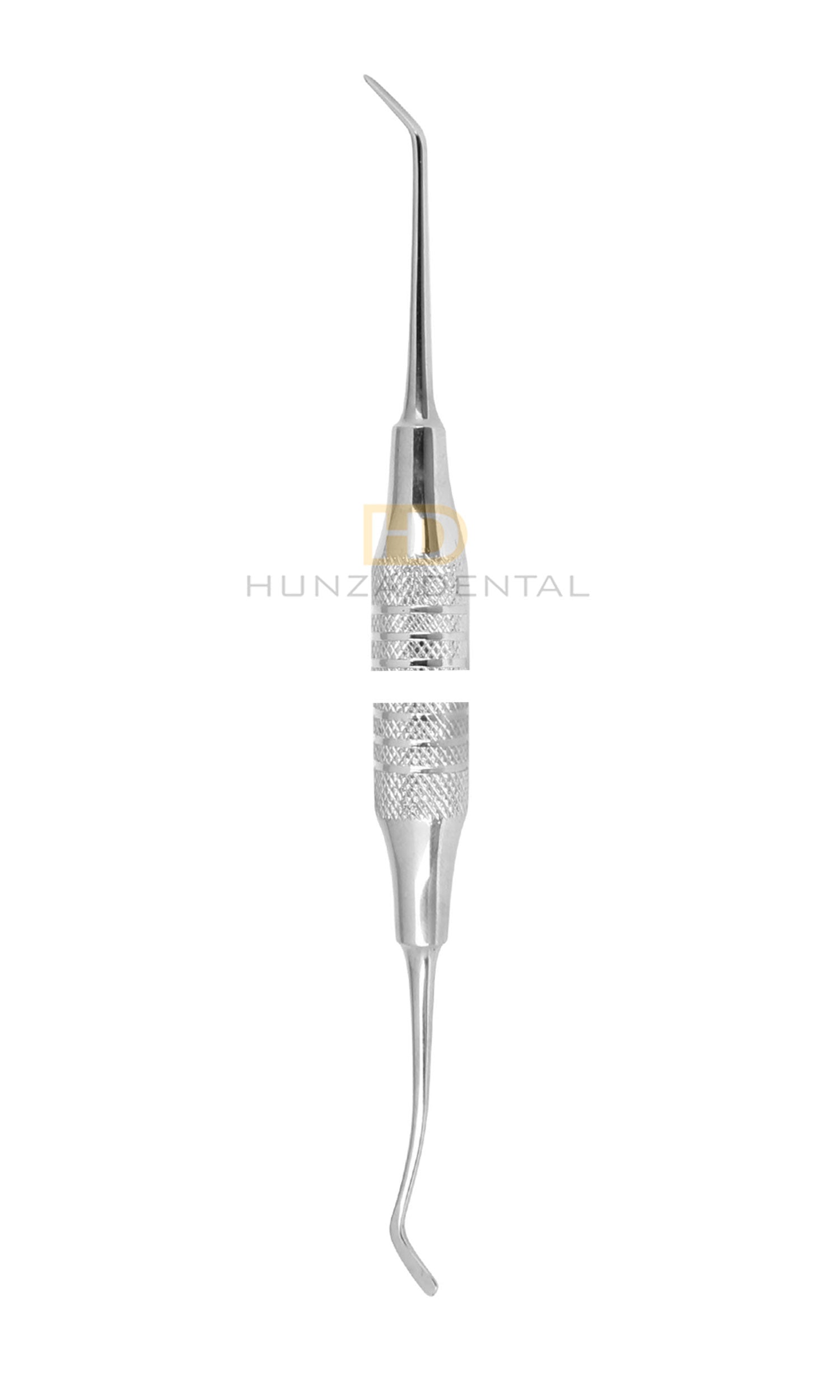 A dental composite instrument with a large diameter handle and a small tapered tip, featuring a metallic and plastic construction.