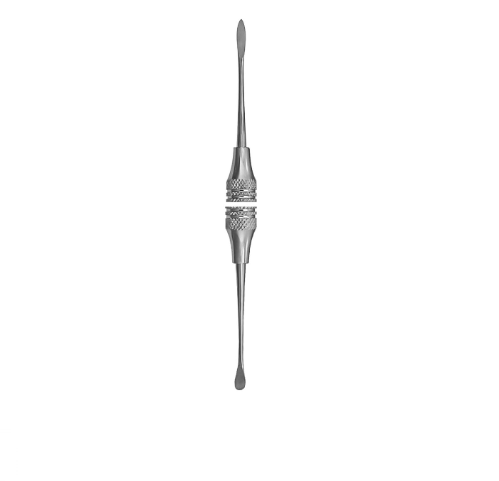 A dental plastic filling instrument with a large diameter handle and a tapered tip.